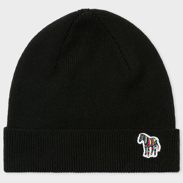 Paul Smith Men's Zebra Logo Ribbed Lambswool Beanie Hat - Black Product Image