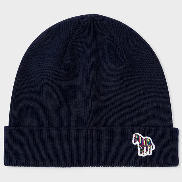 Paul Smith Men's Zebra Logo Ribbed Lambswool Beanie Hat - Navy Product Image