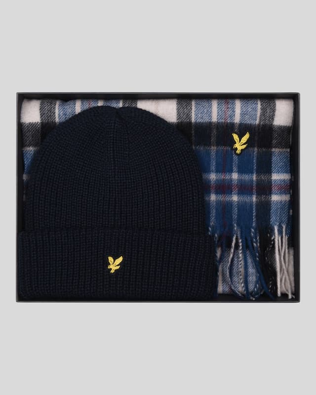 Lyle & Scott Men's Lambswool Blend Checked Scarf And Beanie Gift Set - Dark Navy Product Image