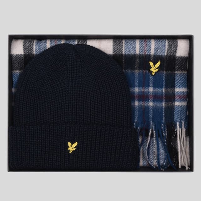 Lyle & Scott Men's Lambswool Blend Checked Scarf And Beanie Gift Set - Dark Navy Product Image