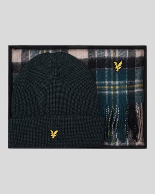 Lyle & Scott Men's Lambswool Blend Checked Scarf And Beanie Gift Set - Argyle Teal Product Image