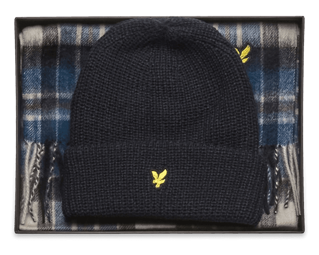 Lyle & Scott Men's Lambswool Blend Checked Scarf & Beanie Gift Set - Dark Navy Product Image